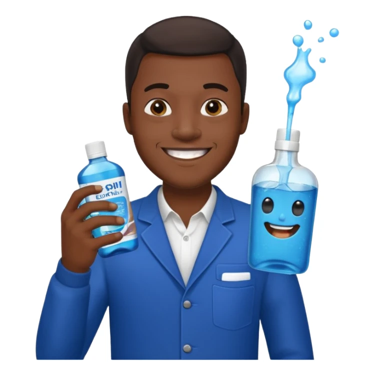 Smiling Black man, one hand with dark blue mouthwash, other with whiskey, sparkling teeth, emoji style sticker
