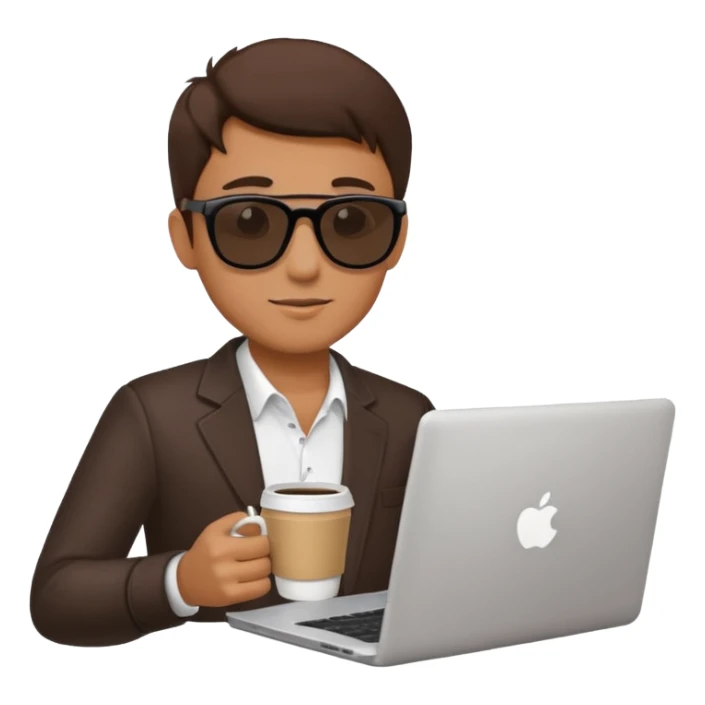 man wearing sunglasses holding a coffee cup and working on a laptop sticker
