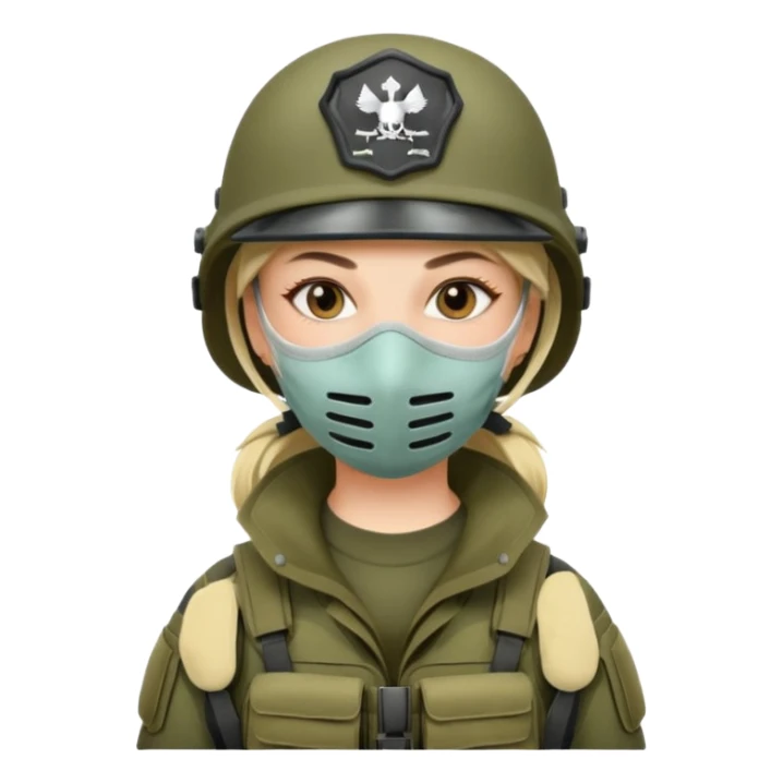 woman soldier without cap wearing mouth mask sticker