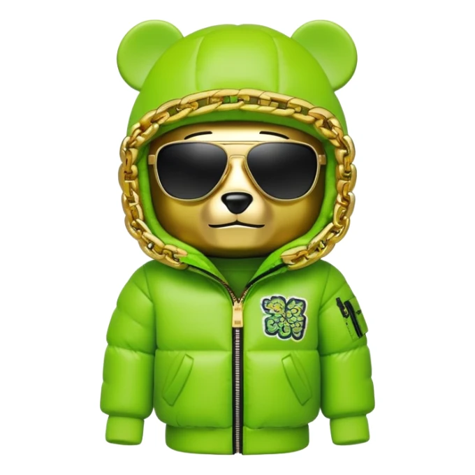 bearbrick toy with cubic head wearing a lime green balaclava with graffiti logos, wide single-piece visor sunglasses spanning entire face width, not divided for eyes, oversized puffy jacket with fur hood, gold chains sticker