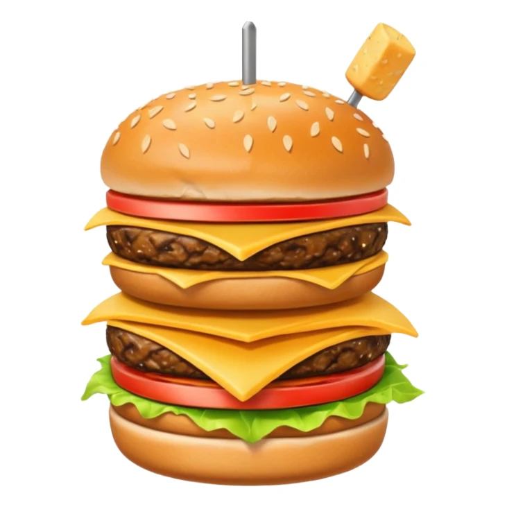 burger with skewer through it with chips in a cup on the side sticker