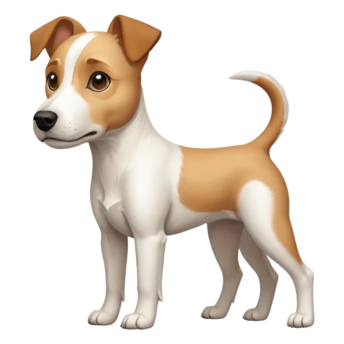a full body facing front on of a buff white parson russell terrier looking dog the size of a kelpie with light brown long ears resting on its face and a light brown patch on one eye and a large snout. the rest of the dog is completely white.  sticker