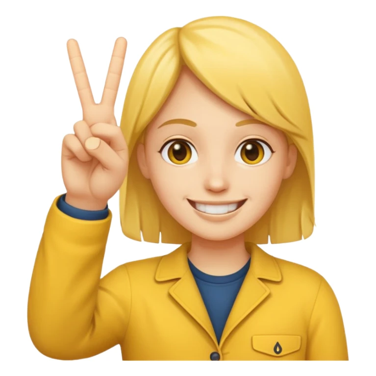 minimalist peace sign hand emoji, yellow, cartoon, two fingers sticker