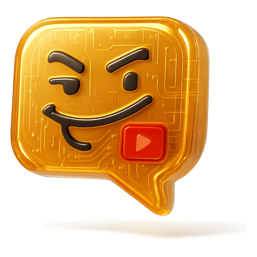 speech bubble with a playful sarcastic grin, red YouTube play button, glossy circuit style sticker