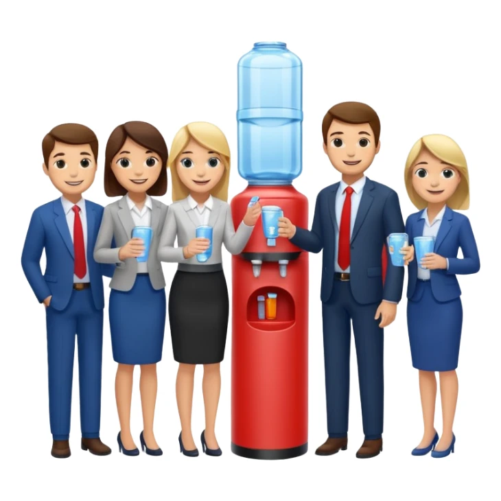 a group of employees gathered around a water cooler, smiling and chatting sticker