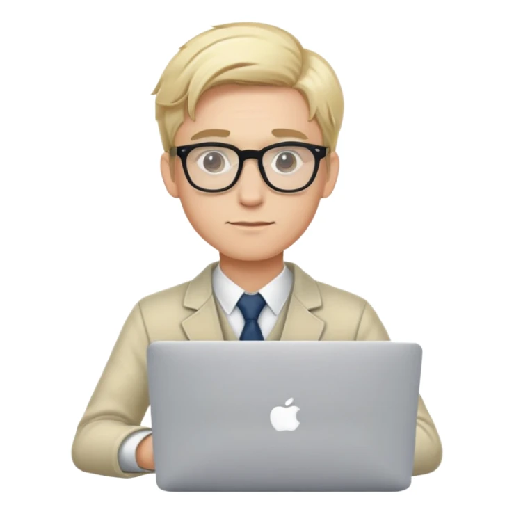 young blonde man professor with clear glasses and macbook sticker