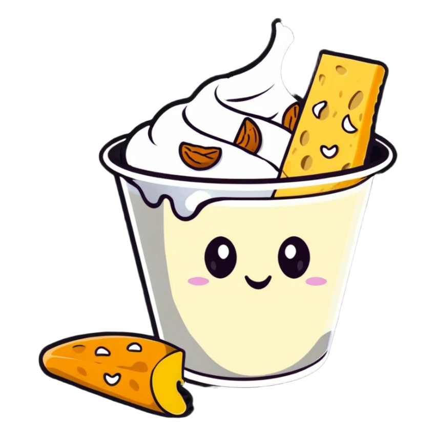 A single large white bone, clearly visible and dominant in the center, glowing with light. Around it, but not touching, are smaller floating items: a cup of yogurt, a small pile of shredded cheese, several almonds, and sesame seeds. sticker