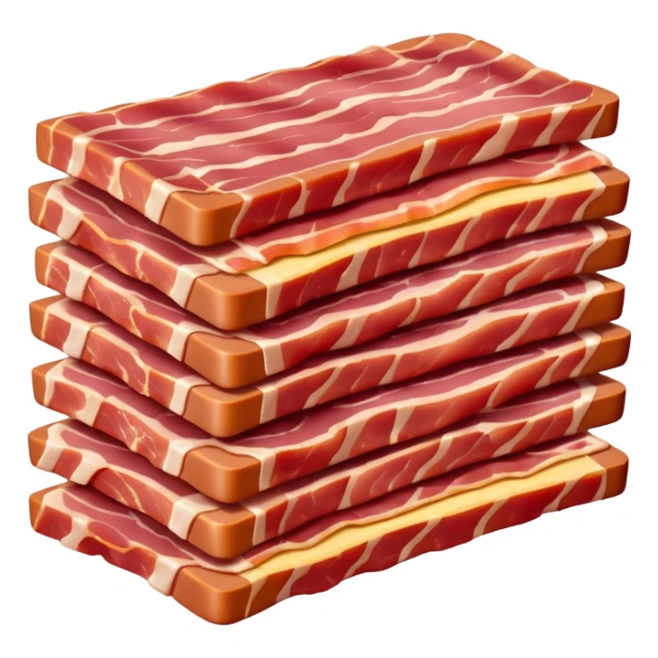 small pile of thick, short rectangular strips of raw bacon lardons, alternating layers of pinkish-red meat and creamy white fat, clean cut, slightly irregular edges, fresh, moist, uncooked, soft lighting, subtle shadows, transparent background, emoji scale sticker