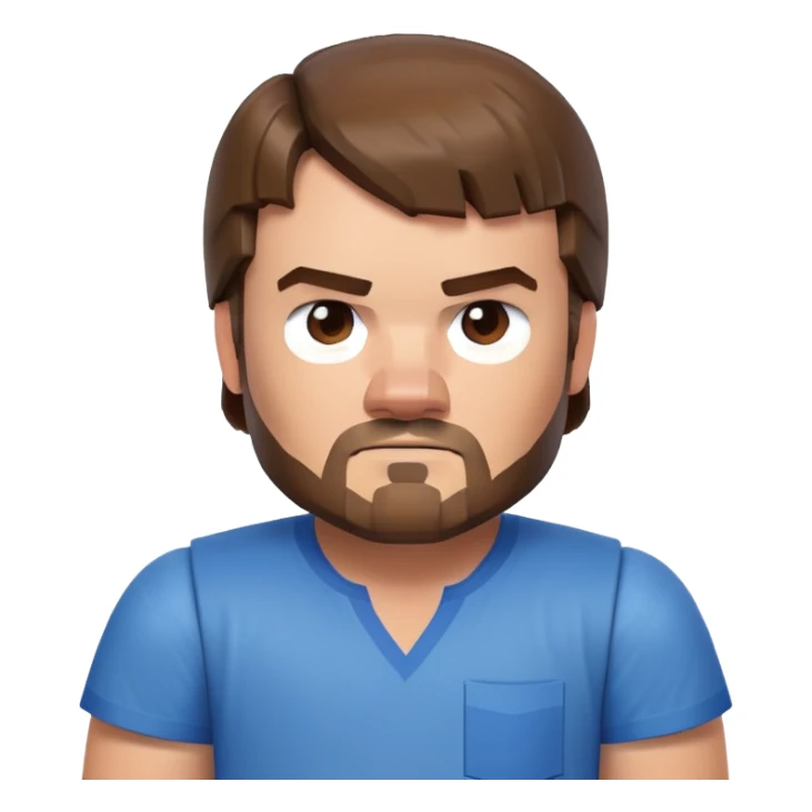 Jack Black as Minecraft Steve portrait, just face and shoulders, blocky character with brown hair, beard, and blue shirt sticker
