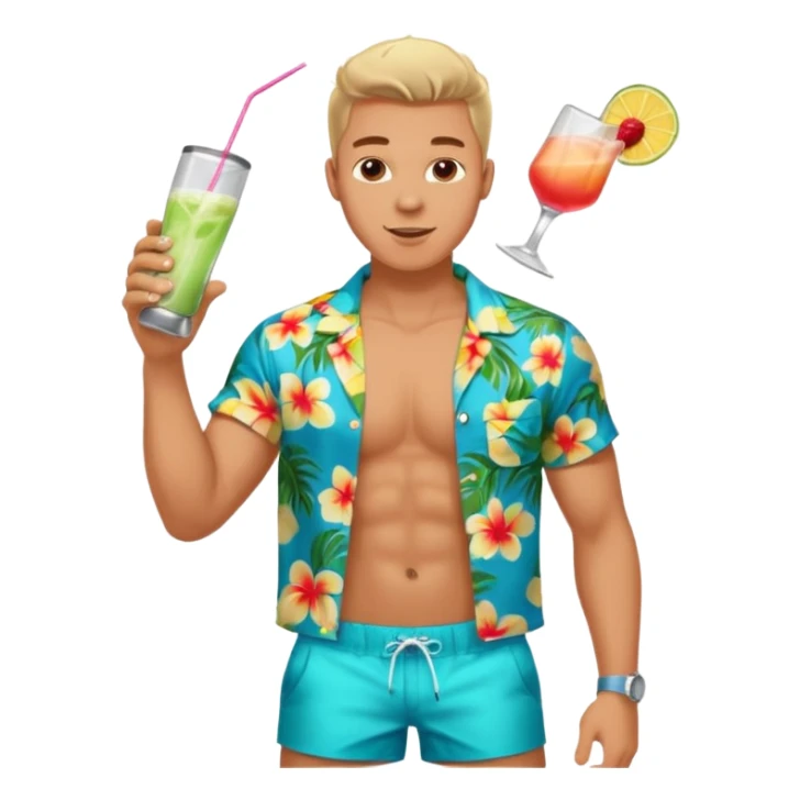human male Unbuttoned Hawaiian shirt, swim trunks, shaking a cocktail shaker (sparks flying) sticker