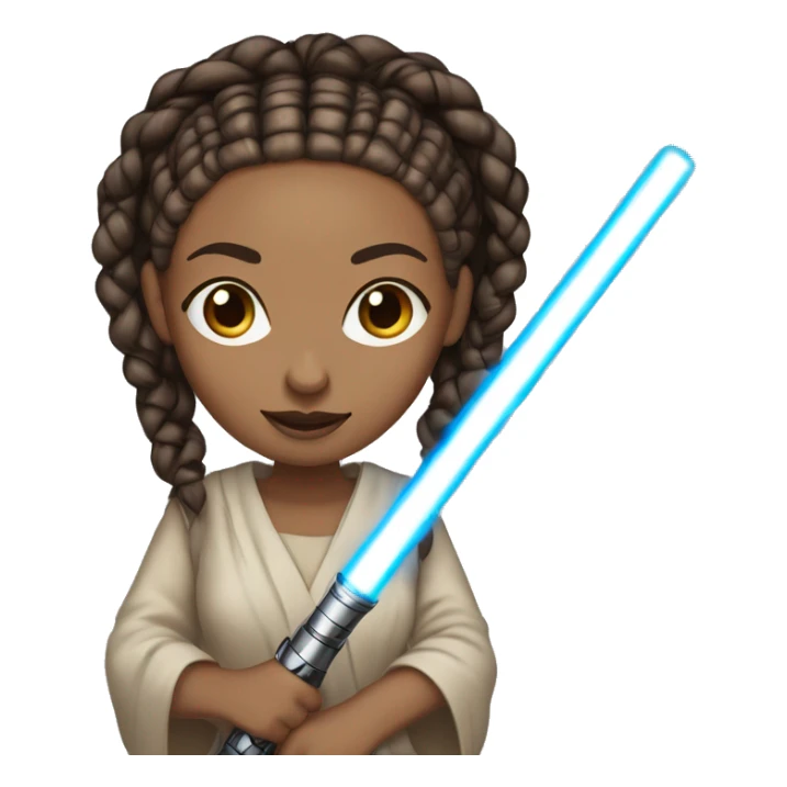 Light skin woman with brown box braids holding a lightsaber sticker