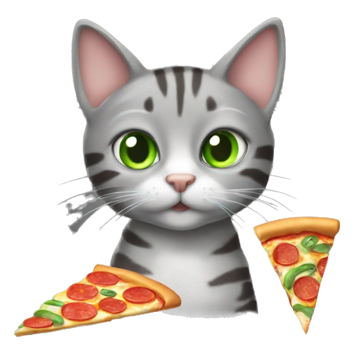 Gray tabby cat with green eyes eating a slice of pizza sticker