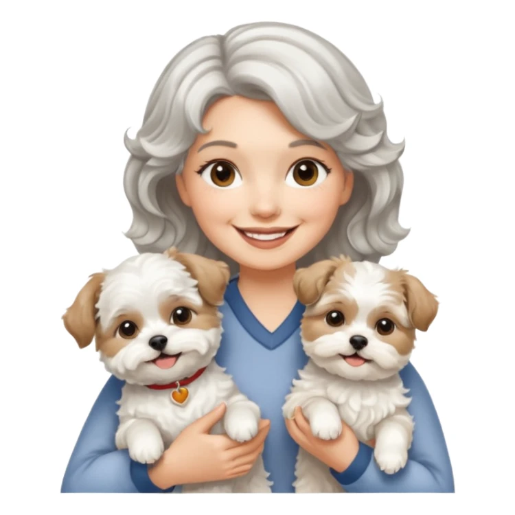 silver, short, wavy-haired with loose curls, smiling pretty lady holding a white terrier and a white/tan shih tzu dog sticker