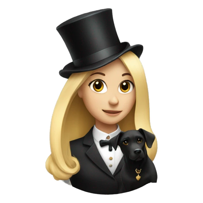 Blonde girl, black dog with a top hat sticker