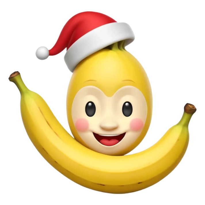 A 3D cartoon banana with a red nose and tiny hat, smiling face, playful pose, Memoji-style. sticker