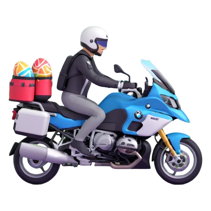 BMW RT1200 LC touring motorcycle with rider on open road in a forest with easter eggs sticker