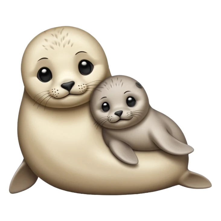 a baby seal lying next to its mother, both looking happy, minimal background, emoji style sticker