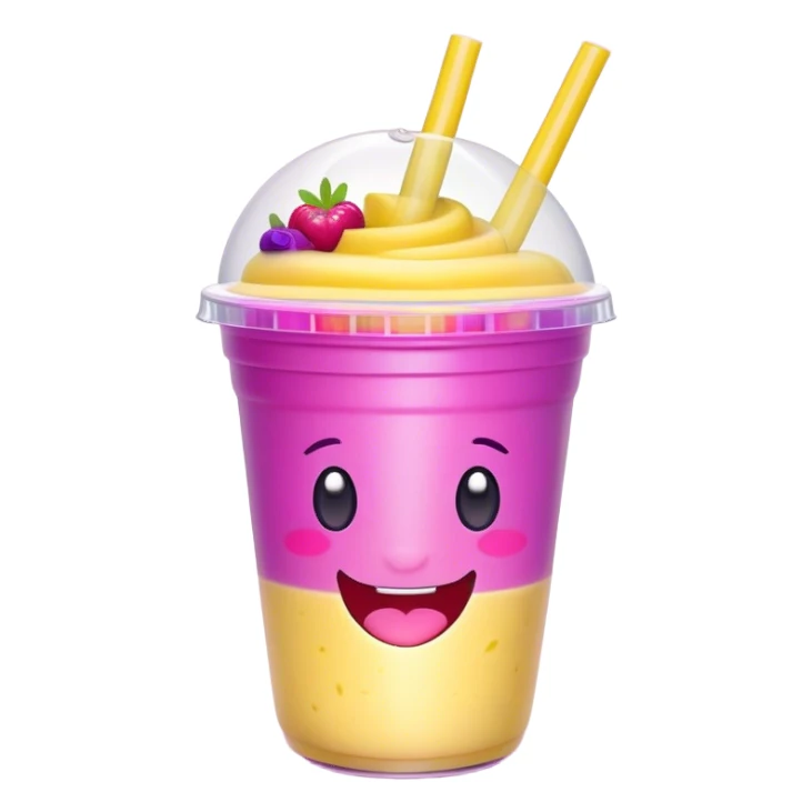 Cute Kawaii Smoothie Cup, filled with blended fruity goodness, a smiling face with excited eyes, bright colorful layers of pink, yellow, and purple, topped with a straw and tiny fruit slices! sticker