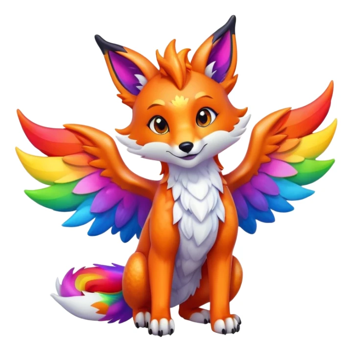 Cartoon Fox dragon hybrid with wings face front full body rainbow colored sticker