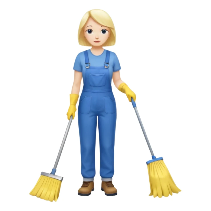 middle-aged women, Custodian with yellow rubber gloves, white T-shirt, blue overalls, mopping floor sticker