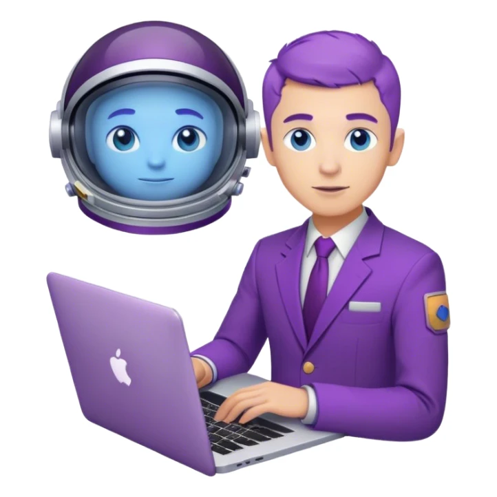 guy astronaut with purple suit, blue eyes, short purple hair and one macbook sticker