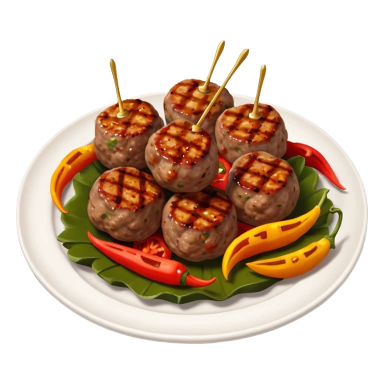 Akçaabat meatballs object icon, grilled Turkish kofte pieces on a plate, smoky char marks, juicy texture, served with grilled peppers and tomatoes, 3D cartoon, mobile game icon style, centered, clean background, no text, no watermark
 sticker
