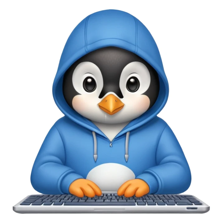 A cute penguin wearing a blue hoodie typing intensely on a laptop keyboard sticker