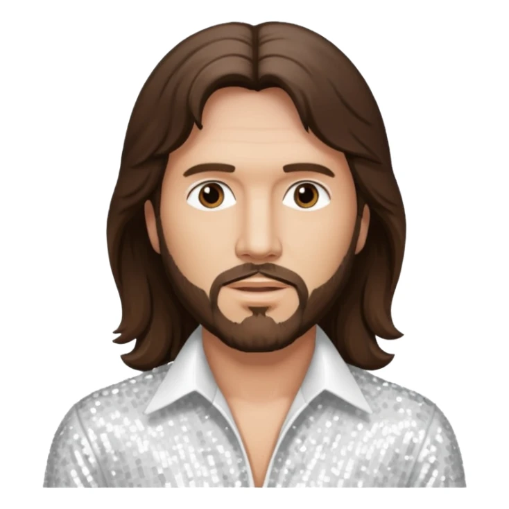 Barry Gibb from Bee Gees with long dark brown hair, white sequin outfit  sticker
