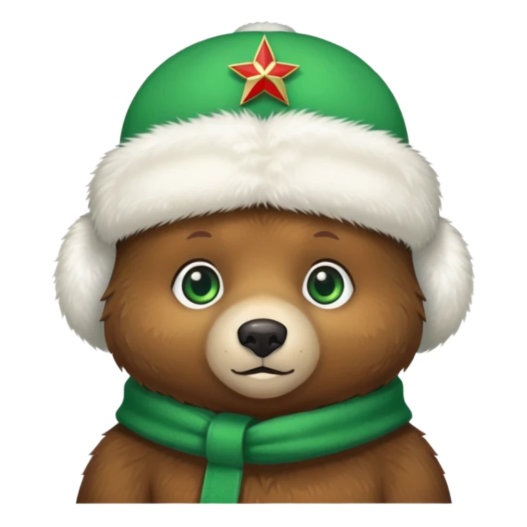 Cute brown bear with bright green eyes wearing a white fluffy Russian ushanka hat with clear Russian Federation emblem in the middle, iOS emoji style sticker