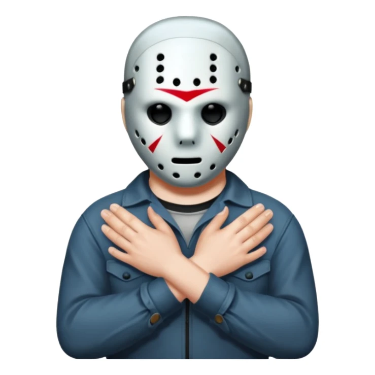 a cartoon image of Jason Voorhees, looking cute, with his hands clasped in front of him, at a sideways angle sticker