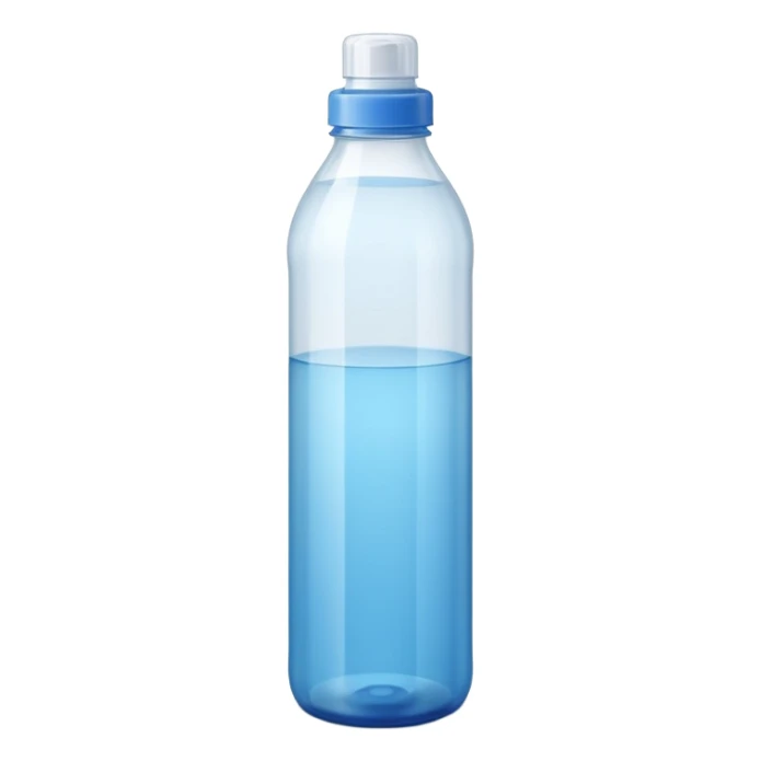 tall translucent plastic bottle with smooth curves and slightly tinted blue or white cap, filled with clear liquid, clean minimal design, no label, no measuring cap, no drops, no extras, sealed bottle, soft lighting, subtle shadows, emoji scale sticker