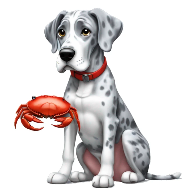 Blue Merle Great Dane eating red crab sticker