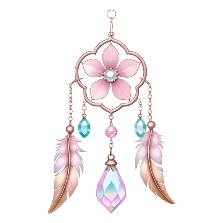 Hanging Iridescent pastel pink sakura crystals white-pearly suncatcher with bells and feathers sticker