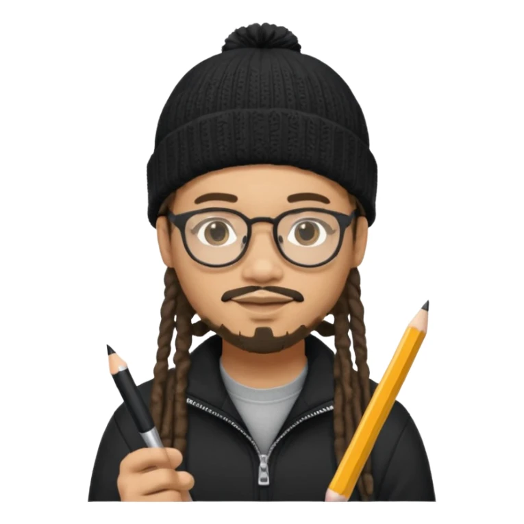 A creative young man with a pencil, glasses and a beanie. He holds a pen in his hand. He has dreadlocks, a slight moustache and bit of a beard. He's a lightskin blAsian man. He wears a black quarterzip jumper. sticker