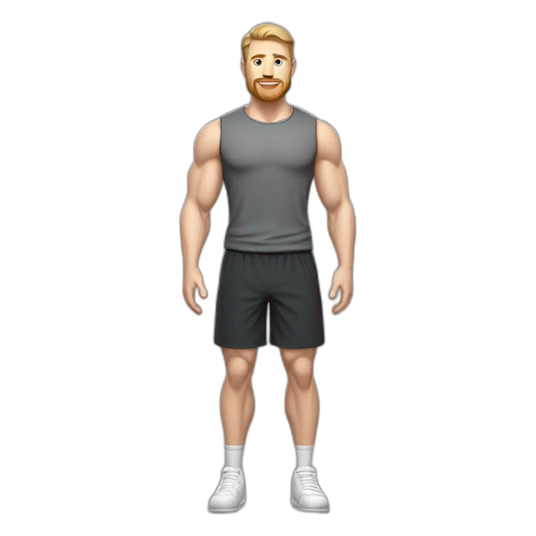 Full height Pale skinned fit man With biceps, Realistic eyes, light brown hair and very short beard In dark gray sleeveless mike, black oversize sports shorts, watch and white sneakers. sticker
