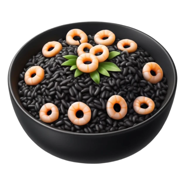 cinematic-realistic-black-risotto-dish-emoji,-showcasing-small squid pieces-rendered-with-bold-textures-and-dynamic,-dramatic-lighting. sticker