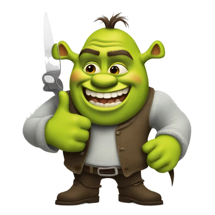Shrek holding a thumbs up with scissors in his other hand sticker