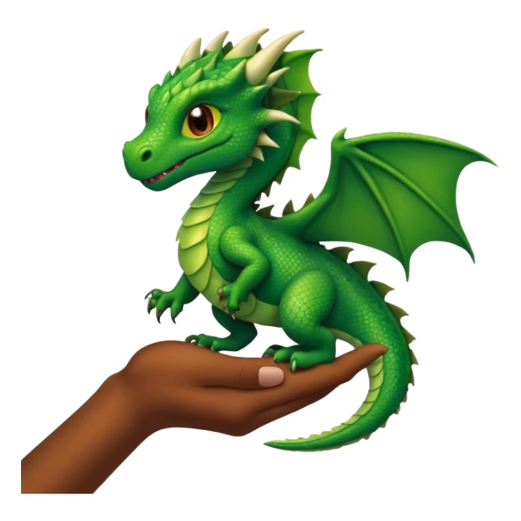 human hand holding small green dragon sticker