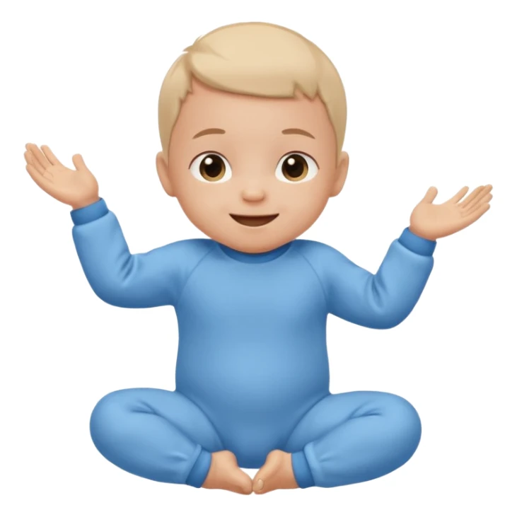A smiling newborn baby wearing a blue onesie, moving its arms and hands. sticker