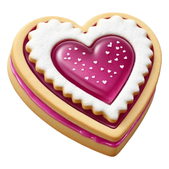 Realistic shortbread cookie in the shape of a heart with light margenta jelly middle filling and sprinkled powder sugar on top. sticker