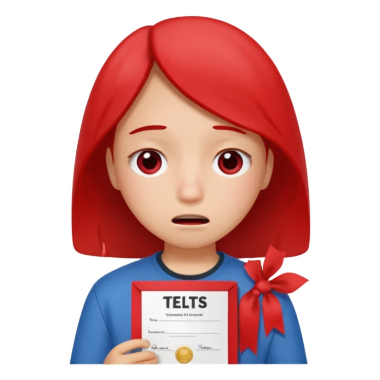 emoji student sad holding red sertificate IELTS 5.5, crying, failure, white background sticker