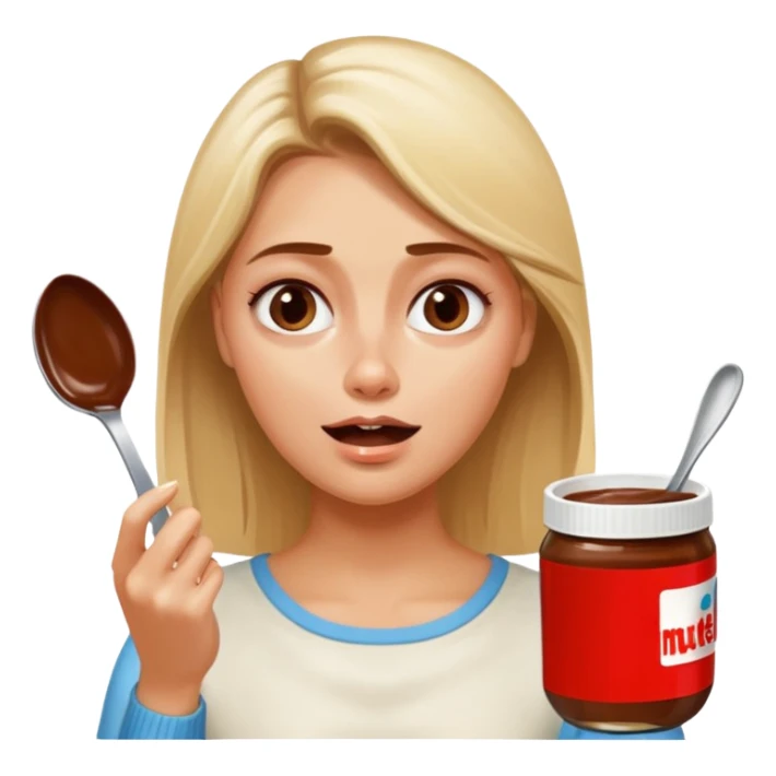 Nutella with a spoon. The glas of Nutella is almost empty . Only the one carriage of Nutella. Next to the Nutella is the head of a blond woman who is desperate to eat the Nutella  sticker