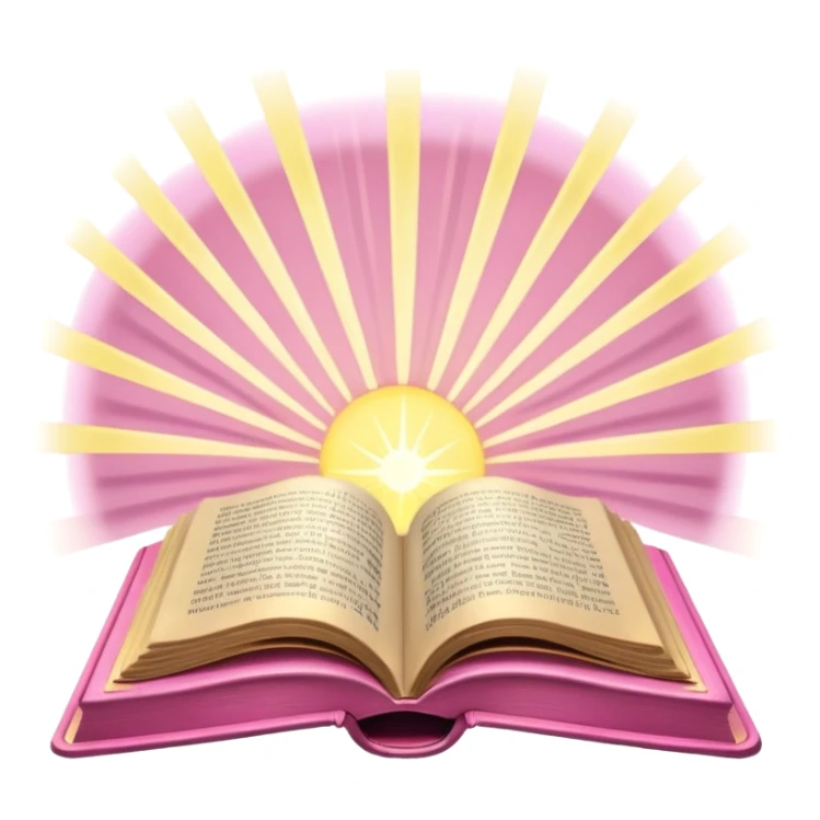 An open pink book with glowing light rays emerging from its pages, magical atmosphere, sticker