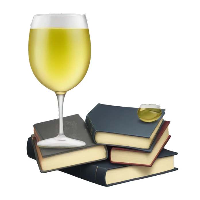 a glass of white wine and a stack of books sticker