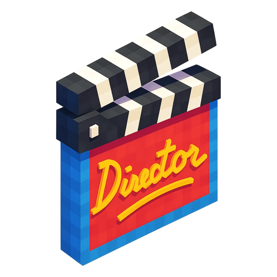 voxel style movie clapperboard with a cursive director's signature, isometric view sticker