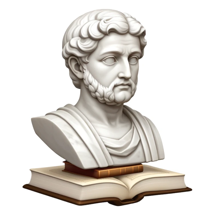 An icon featuring a classical bust, a book of philosophy, symbolizing the study of philosophy. The design includes an abstract symbol of thought and reasoning, representing deep intellectual inquiry and exploration of ideas. Transparent background sticker