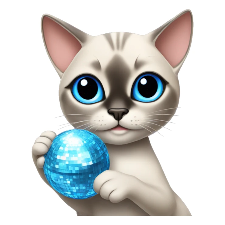 blue eyed siamese Tabby mixed cat holding a disco ball sticker