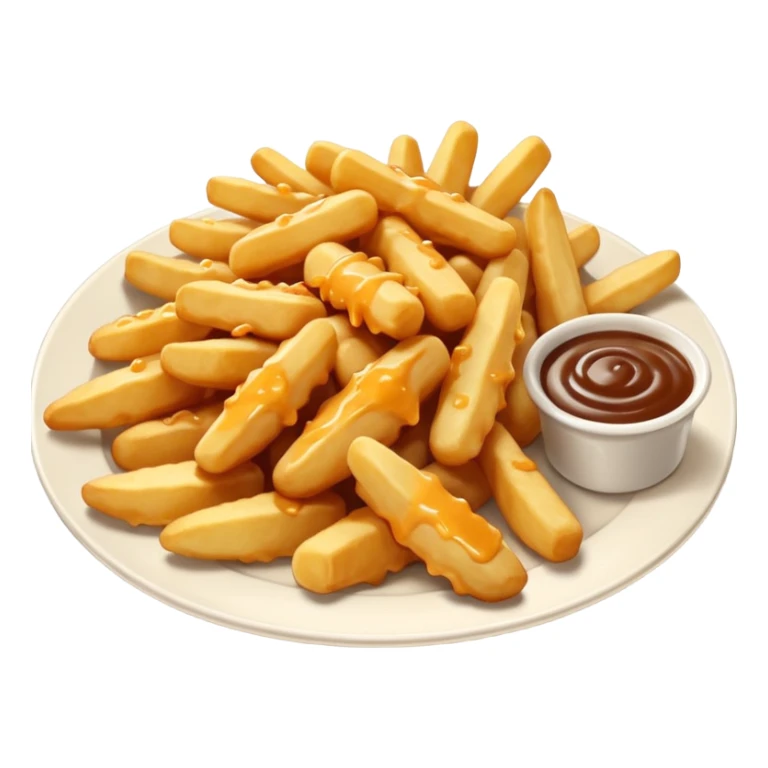 cheese curds with gravie on fries in a white plate sticker
