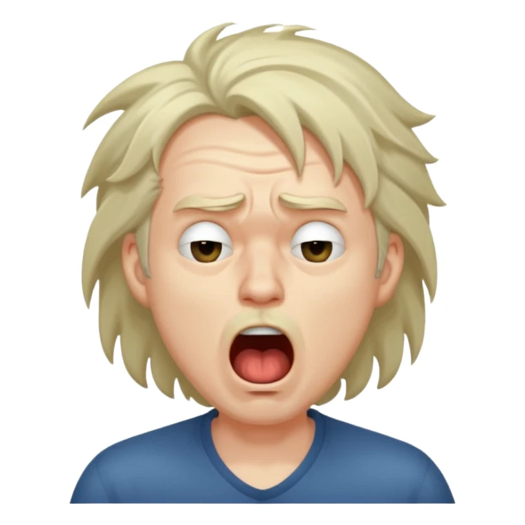 Weak man with disheveled hair, large dark circles under his eyes, and yawning sticker