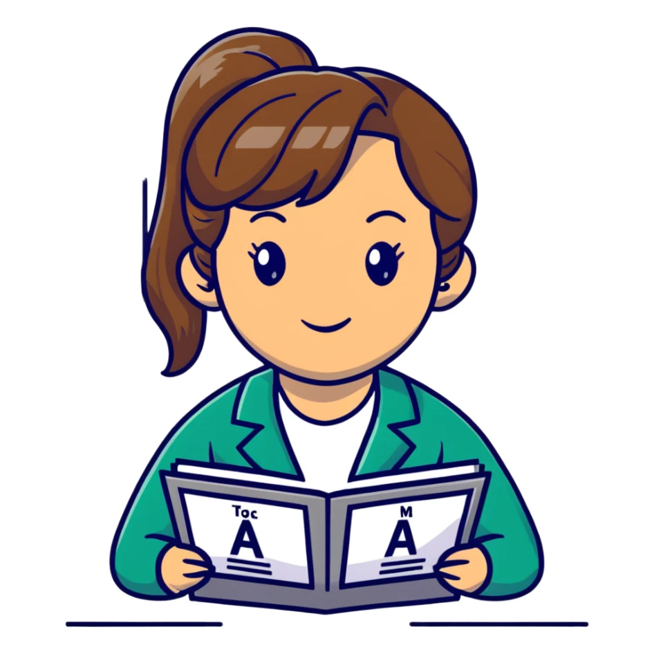 middle-aged science teacher, light brown hair in ponytail with bangs, brown eyes, with periodic table sticker